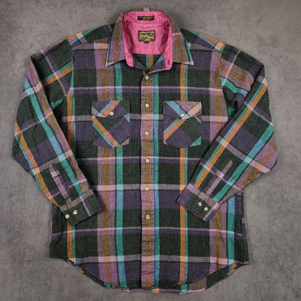 Vintage Country Squire by Block Plaid Flannel Shirt Mens Large Purple Wool Blend - Picture 2 of 9